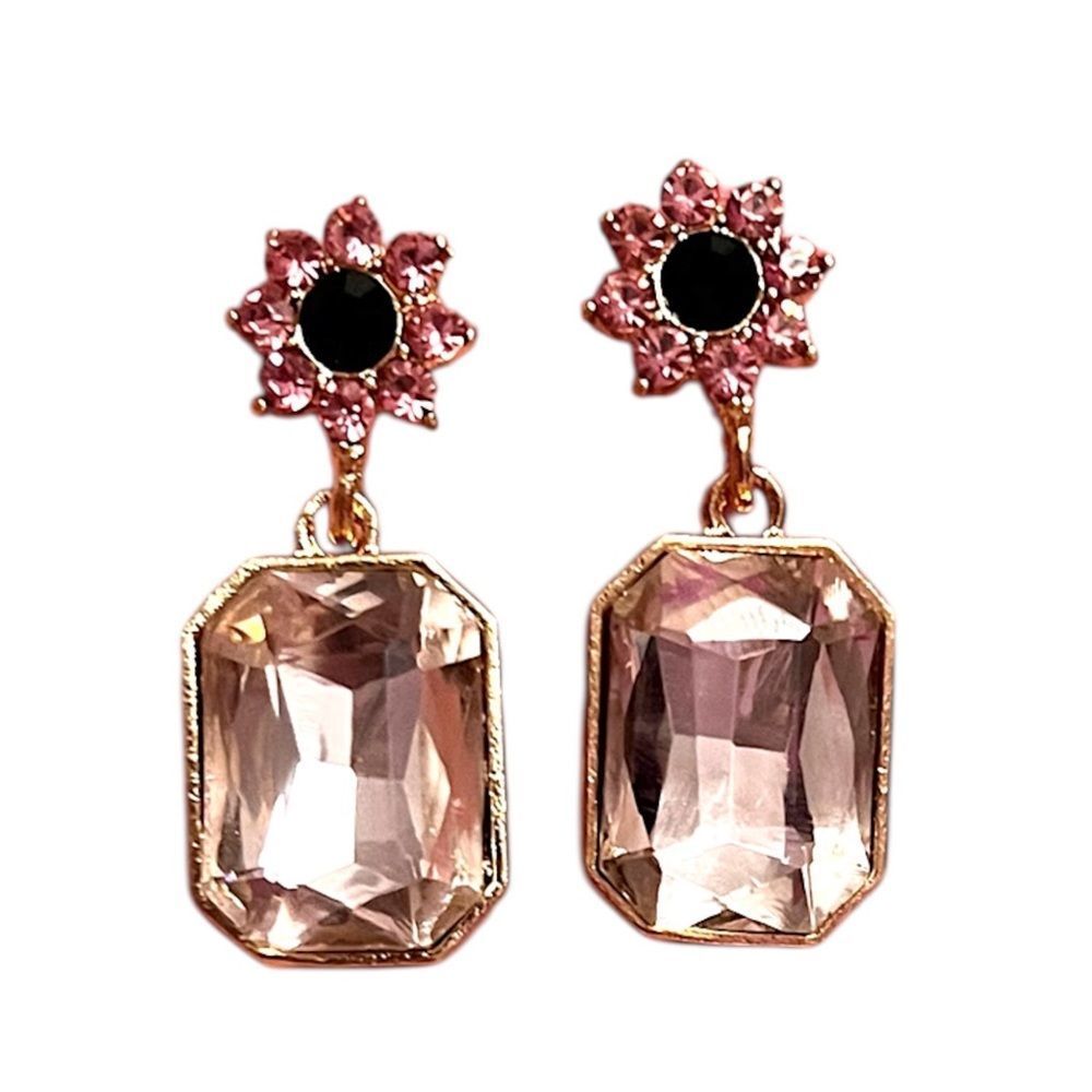 💎2/$30💎 Elegant Pink Rhinestone Flower Dangle Gold Tone Earrings